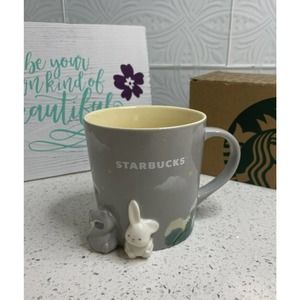 Starbucks Fuzzy Bunny & Racoon Twinkling Night Gray Ceramic Mug, 14oz - Taiwan